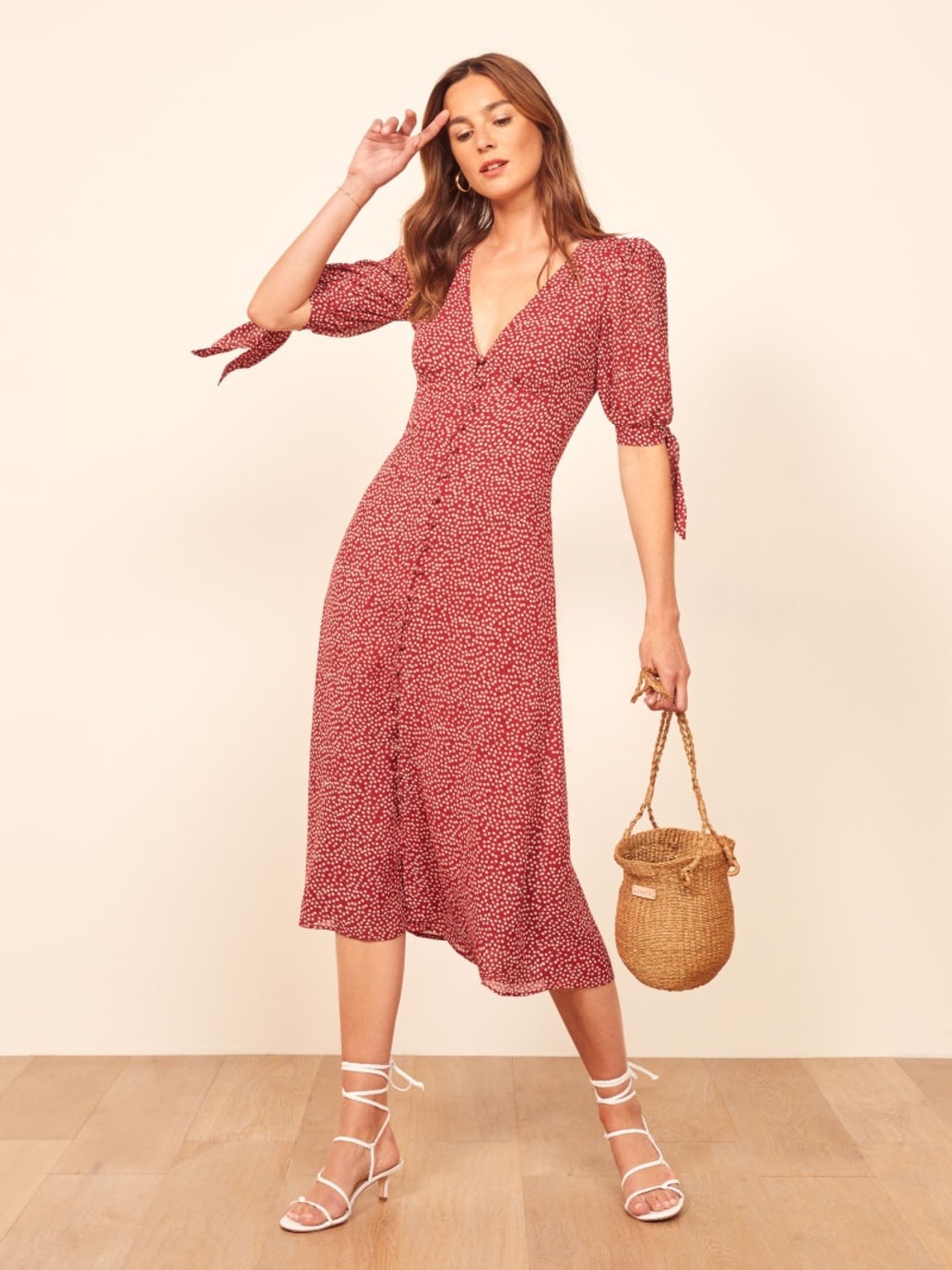 Reformation Bryar Dress Red Printed Midi Dress with Tie Sleeves Size 4